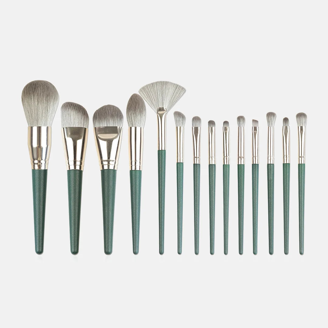 Professional Makeup Brush Set, 14 Pieces, Green Handle with Gold Ferrule, Travel Case Included