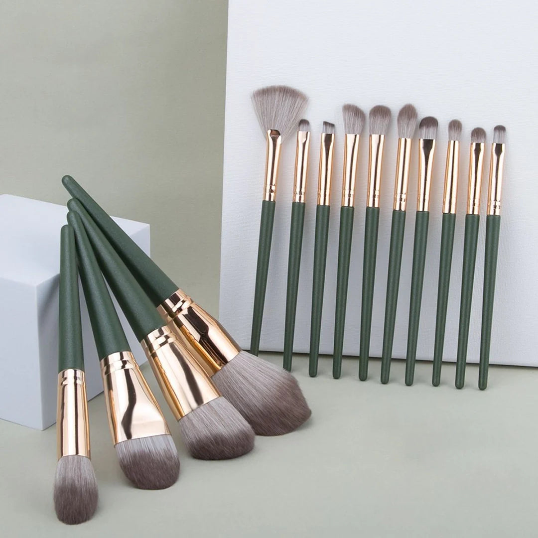 Professional Makeup Brush Set, 14 Pieces, Green Handle with Gold Ferrule, Travel Case Included