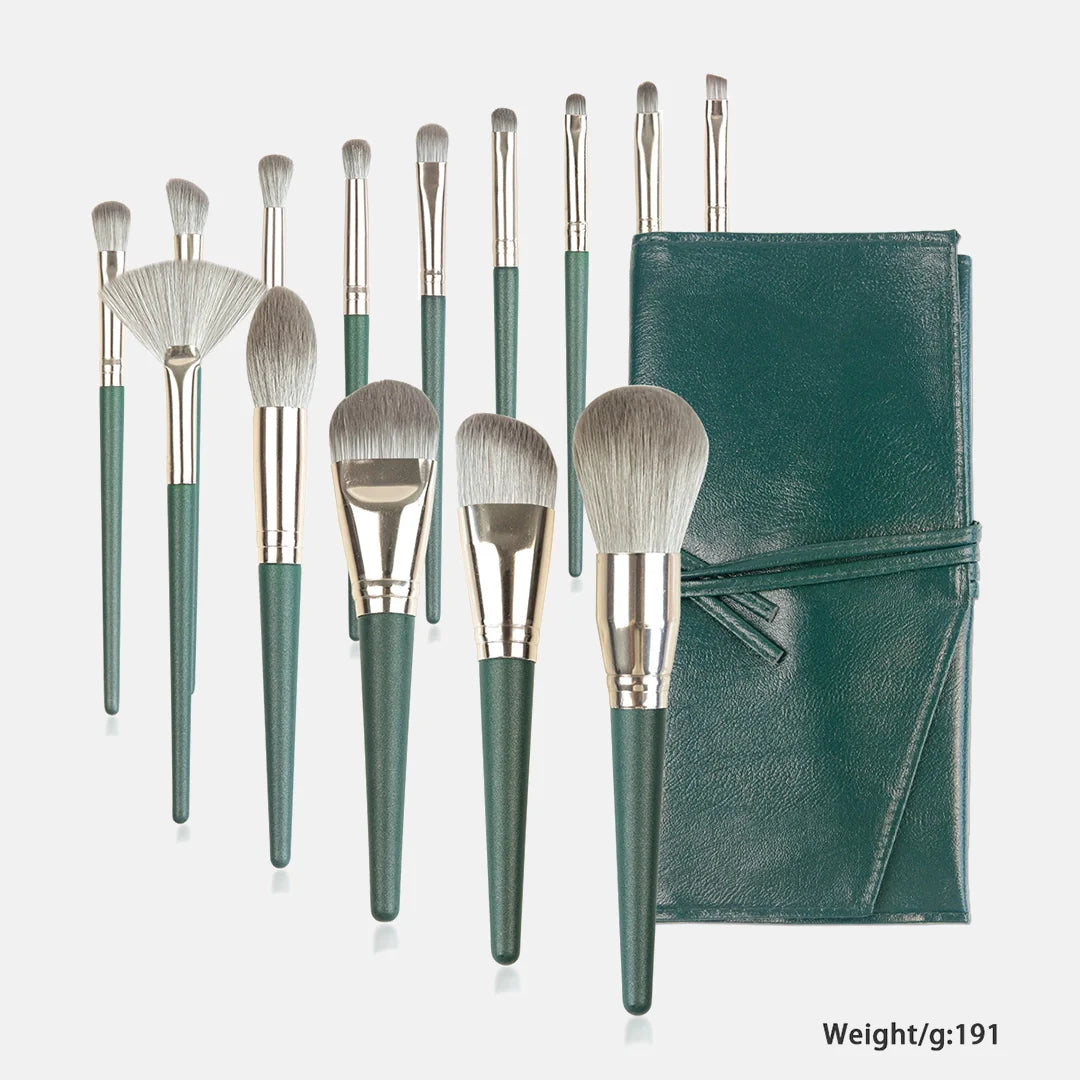 Professional Makeup Brush Set, 14 Pieces, Green Handle with Gold Ferrule, Travel Case Included