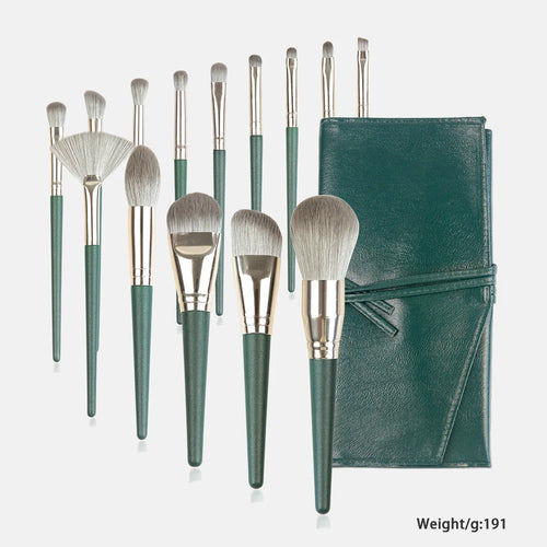 Professional Makeup Brush Set, 14 Pieces, Green Handle with Gold Ferrule, Travel Case Included