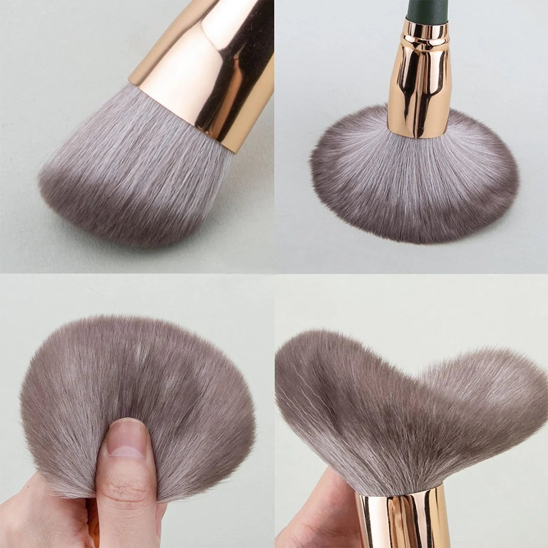 Professional Makeup Brush Set, 14 Pieces, Green Handle with Gold Ferrule, Travel Case Included